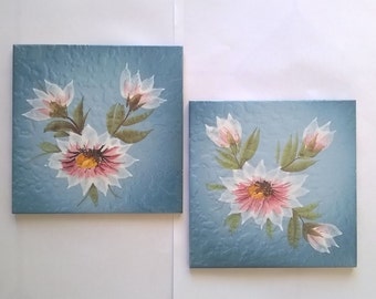 Vintage Blue tiles with flowers/antique tiles/Italian ceramic/Decorative tiles/Wall Cladding House