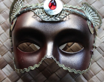 Gold, red and black golden cat masquerade mask with metallic gold braid and diamontes