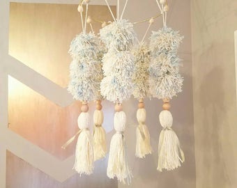 Neutral Baby Mobile, Pom Pom Mobile, Tassel, Boho baby Tribal Nursery Art, Gold, Boy Room Decor, Natural Wood, Custom Colors, Adventure Room