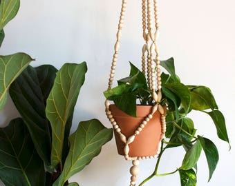 Modern Neutral Wood Bead Plant Hanger (X-Large)