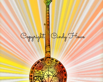 Digital art, Banjo, musical, instruments, acoustic instrument, bluegrass art, digital download, Banjo art, Zentangle