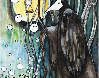 A3 Poster, Printed Illustration, "Time is running out", mask, crow, raven, lantern, animal spirit, spirit guide, dark art, fantasy