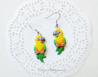 Parrot funny earrings sun conure handmade from polymer clay.