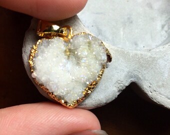 White druzy heart gold dipped electroplated edged. Blue pink flash geode iridescent DISCOUNTED