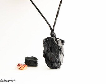 Raw tourmaline necklace, raw black tourmaline necklace, raw black tourmaline pendant, tourmaline jewelry, jet black, Crystal Necklaces