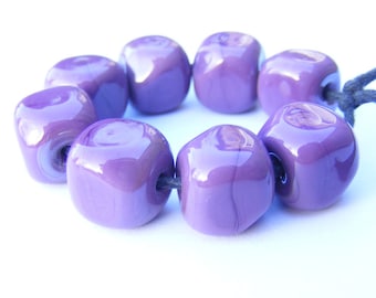Grapey purple handmade lampwork beads - set of 8 curvy cube lampwork beads