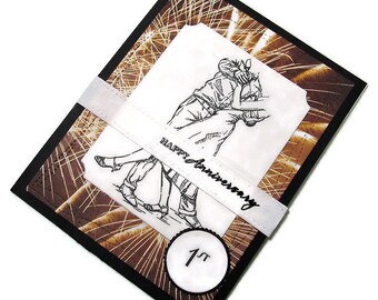 Handmade 1st Happy Anniversary Card With Hand Stamped Neutral Image Of Husband And Wife Dancing Over A Die Cut Sparkler Pattern Panel
