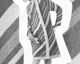 Vintage 1960s Diagonal Striped Coat Knitting Pattern PDF 6914