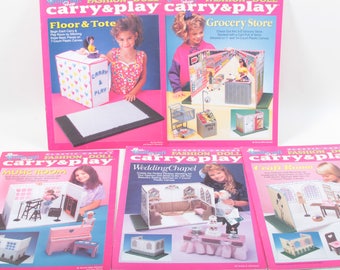 Carry & Play, Fashion Doll, Plastic Canvas, Grocery Store, Wedding, Music Room Illustrated, Children, Collection, Library, Vintage ~ 170623