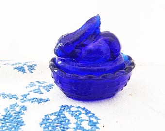 Vintage Glass Rabbit on a Basket Cobalt Glass Bunny Covered Dish