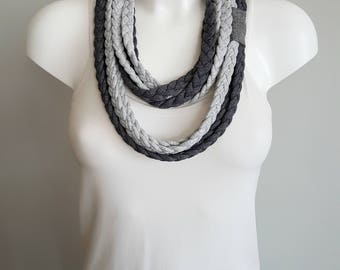 T-shirt scarf, t-shirt necklace, grey necklace, grey scarf, braided scarf, fabric scarf, fabric necklace
