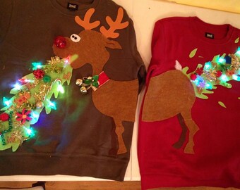 Ugly Christmas sweater, couple sweater, vommiting reindeer with battery operated lights - ladies and mens