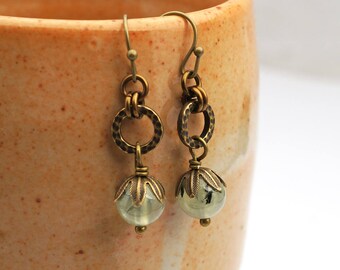 Light green stone earrings, French hooks, prehnite and brass dangle