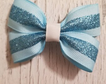 Blue Glitter print Bow on French barrette