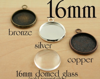 12 16mm Bezel - Silver Earring Trays, Charm Drops - Blank earring, charms, bracelets, pendants - Ships from USA. Glass is optional.