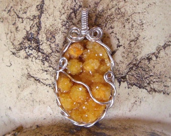 Honey-yellow druzy agate wire wrapped pendant