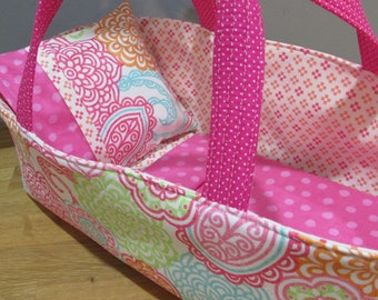 Doll Carrier, Colorful Zinnia and Paisley Fabric with Pink and White Floral Lining, 14 Inches Long, Baby Doll Basket