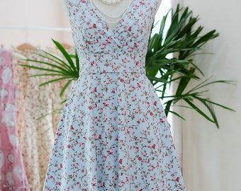 Blue floral bridesmaid dress prom dress sundress vintage 50's party dress floral sundress Blue tea dress summer dress short bridesmaid dress