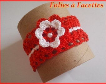 Cotton red and white crochet flower with lace Cuff Bracelet