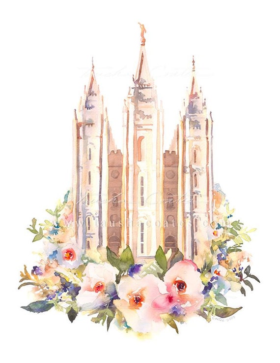 LDS Salt Lake Temple Painting Watercolor Floral Print