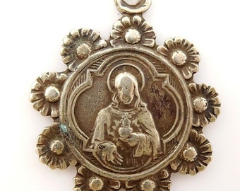 Vintage Scapular Medal Floral Frame Holy Redeemer Sacred Heart Carmel