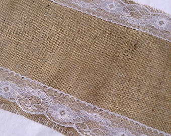 2m Hessian Table Runner with Vintage Style White Lace