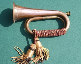 Vintage Brass and Copper Bugle with Original Red Black and Gold Braid Military Brass Musical Instruments Horns and Cornetts Gift for Him