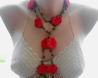 crochet necklace, red crochet necklace, crochet lace jewellery, crochet flower necklace, beaded necklace, gift for her