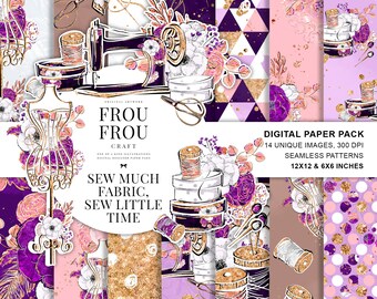 Sewing Digital Paper Pack, Fashion Tailor Paper Pack, Crafter Planner Girl Supplies, Cute Fabric, Gold Glitter Lavender Designer Paper Pad