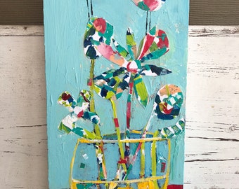 Bird art whimsical art floral painting mixed media original painting kids wall art nursery decor whimsical acrylic painting
