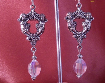 Silver Cherub Clear Aurora Borealis Crystal Earrings