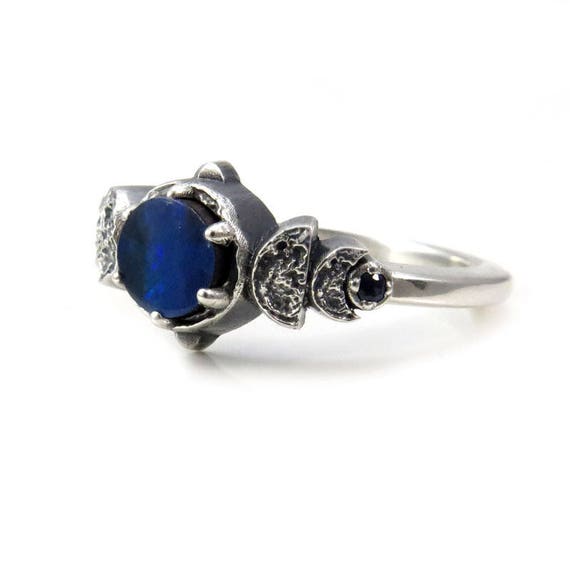 Dark Blue Boulder Opal Moon Phase Sterling Silver Ring with Sapphires