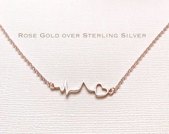 Rose Gold over Sterling Silver heartbeat necklace, heartbeat necklace, EKG necklace, ECG necklace, medical gifts, nurse necklace, nurse gift