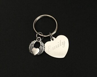 Personalized Heart Key Chain.Customized Stainless Steel Name Key Chain. Angel Wing Key Chain. Name Key Chain. Guardian Angel Key Chain.