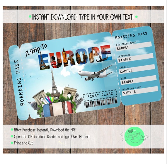 Printable Ticket to Europe Boarding Pass Customizable Printable Ticket to Europe Boarding Pass Customizable