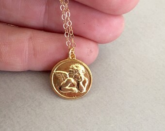 Angel Face Pendant, Beaded Quartz Chain and Coin Angel Pendant, Guardian Angel Necklace, Guardian Angel, Coin Pendant