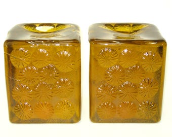 Blenko #6725 Cube Pinwheel "Wheat" Golden Glass Pair of Bookends Joel Myers - Mid Century Modern Doorstops