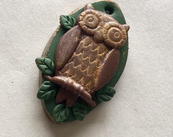 Owl on a Branch Brown and Green Handmade Polymer Clay Pendant