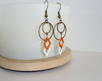 Earrings double circles hollowed diamond enamel terra cotta and white