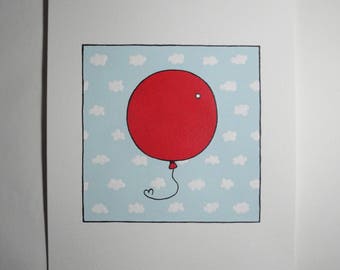 Red Balloon Illustration, Original Acrylic Painting, Le Ballon Rouge, Nursery Art, Cute Painting, Mini Painting, Small Painting, 6x6, Clouds