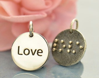 Braille Love Charm - sterling silver disc charm -