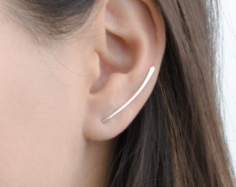 Curved Bar Pin Earrings, Sterling Silver Ear Cuff, Bar Ear Sweep, Wire Ear Wrap, Cuff Earring, Minimal Handmade Budget Gift, Lunai, ECF004