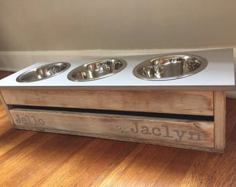 Extra Small Two Dog Feeder/Waterer/3 Dog Bowl/Elevated Feeder/Stand With Storage