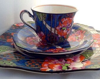 Vintage Chintzware Royal Winton Carnation Hand Painted 3 Three Piece Dessert Set Chitz Cup Saucer Plate Collectible Housewares
