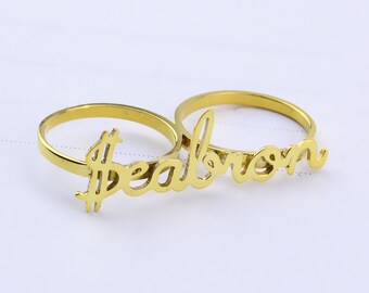 Two Finger Name Ring,Custom Name Ring,Two Finger Ring,Gold Double Name Ring,Name Ring,Personalized 2 Finger Name Ring,Personalized Jewelry