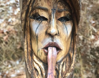 Wood Carving, Girl, Wood Spirit, Evil, Perfect Wood Gift, Scary, Handmade Art, by Josh Carte, Wall Art, Serpent Tongue, Rustic Decor, OOAK