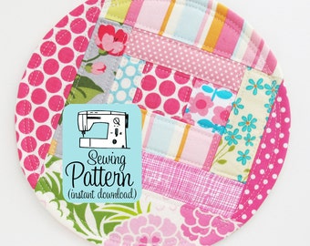 Patchwork Coasters PDF Sewing Pattern | Easy sewing project to make freehand log cabin style patchwork coasters that don't need to be bound.