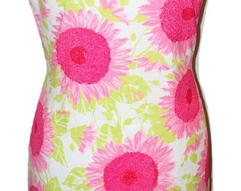 Vintage 1960s Pink Flower Sheath Dress Sz S