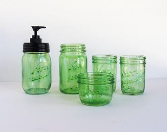 Green Bathroom Set, Mason Jar Bathroom Set, Glass Bathroom Set, Bathroom Organizer, Green Soap Pump, Green Bath Set, Mason Jar Bath
