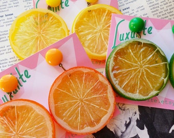 Zingy Citrus! Jumbo Lemon, orange or lime slice earrings 1940's 1950s novelty style by Luxulite